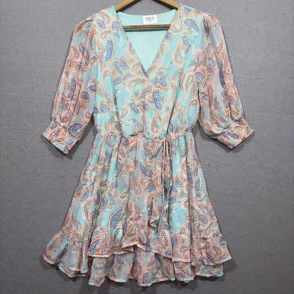 Sienna Sky Pastel Paisley Cinched Waist Ruffle Dress Small Soft Girl Feminine - Picture 1 of 8